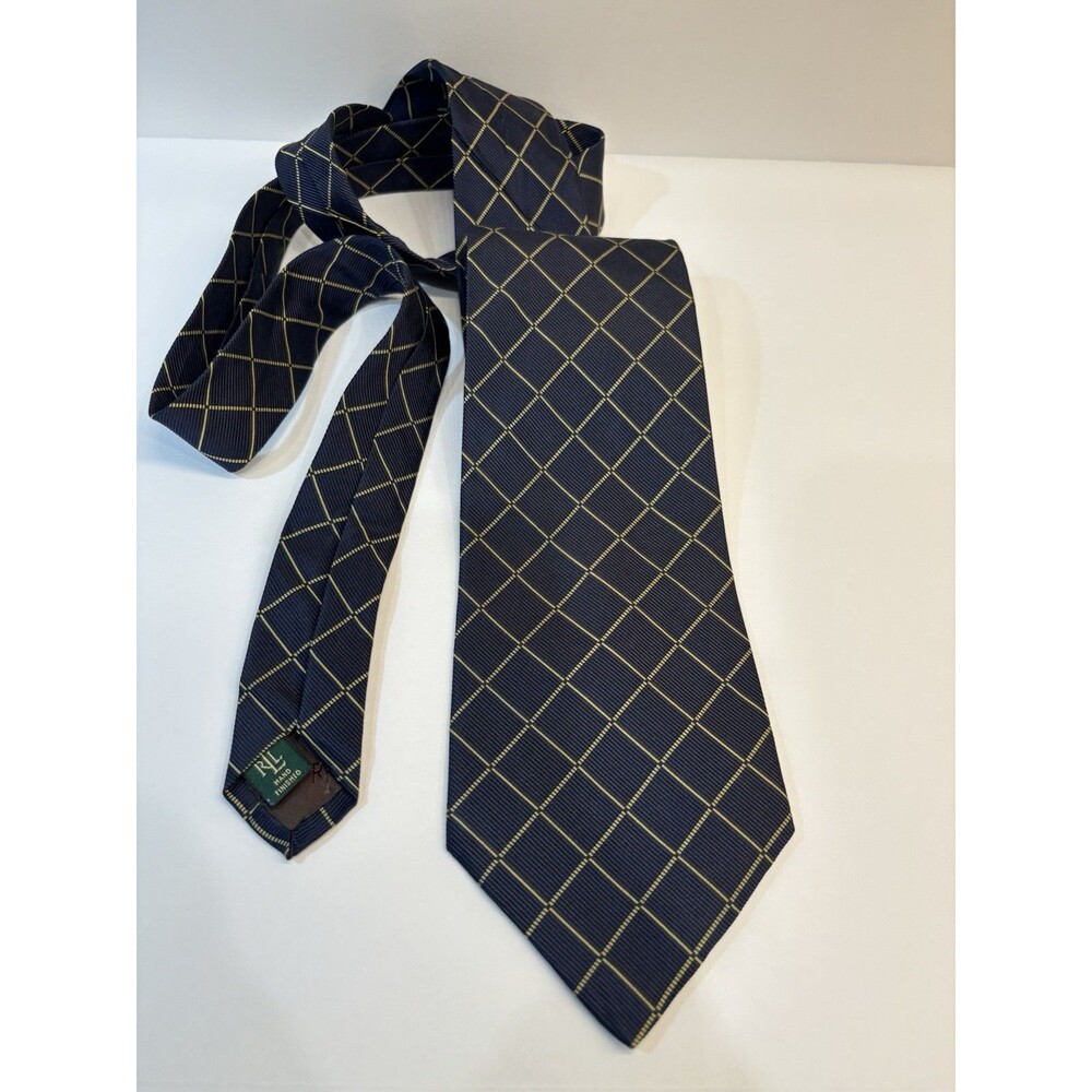 Lauren Ralph Lauren Men's Tie Silk & Cotton Navy Gold Geometric Made In USA